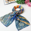 Long Silk Crepe Satin Oblong Scarf Blue and Orange Classic Painting Print LSZ008