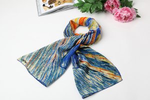 Long Silk Crepe Satin Oblong Scarf Blue and Orange Classic Painting Print LSZ008