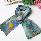 Long Silk Crepe Satin Oblong Scarf Light Blue Classic Painting Print LSZ009