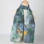 Long Silk Crepe Satin Oblong Scarf Light Blue Classic Painting Print LSZ009