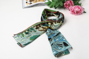 Long Silk Crepe Satin Oblong Scarf Light Green Classic Painting Print LSZ010