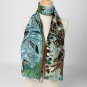 Long Silk Crepe Satin Oblong Scarf Light Green Classic Painting Print LSZ010