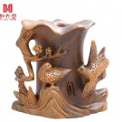 China Hand-carved green ebony wood Brush Pots singing birds and fragrant flowers