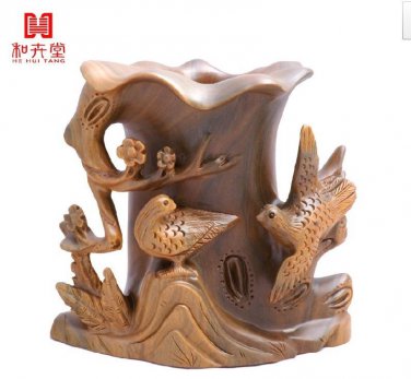 China Hand-carved green ebony wood Brush Pots singing birds and fragrant flowers
