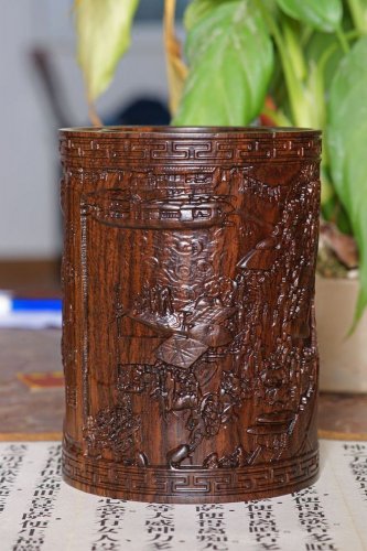 Chinese Hand-carved Black Ebony wood Brush Potsrare QingMingShangHeTu Very Nice