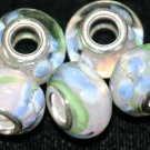 5 EUROPEAN GLASS CHARM BEADS - WHITE WITH BLUE FLOWERS