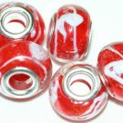 5 EUROPEAN GLASS CHARM BEADS - RED WITH WHITE SWIRLS