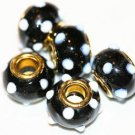 5 EUROPEAN GLASS CHARM BEADS -BLACK WITH WHITE DOTS