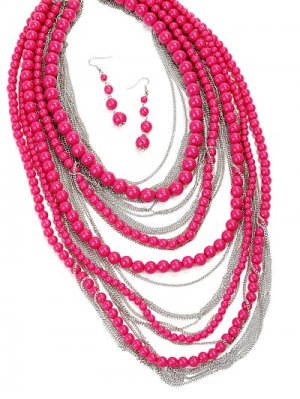 CHUNKY MULTI LAYERED PINK STATEMENT NECKLACE AND EARRING SET