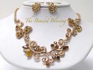 GOLD AUSTRIAN CRYSTAL FLOWER BLOSSOM NECKLACE AND EARRING SET