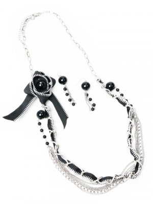 Trendy Silver and Black Multi Chain Zippered Lacing Flower Fashion Necklace and Earring Set