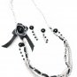 Trendy Silver and Black Multi Chain Zippered Lacing Flower Fashion Necklace and Earring Set