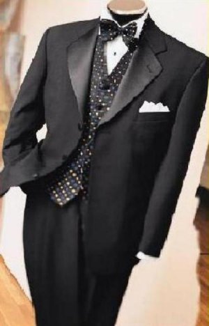 JET Black Super 150's 3 Button Tuxedo Jacket + Pants + Black Vest + Shirt+BowTie