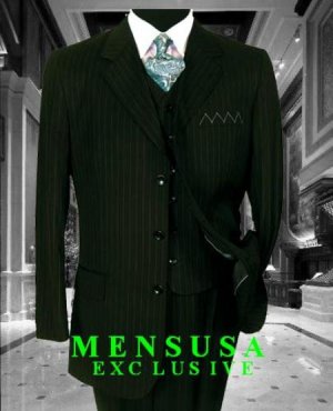 Men's 3 Piece 3 Buttons Vested Olive Green Pinstripe Super 120's Wool