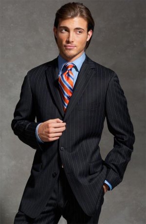 Men's Brand New Black Pinstripe Double Vent Super 140's Wool