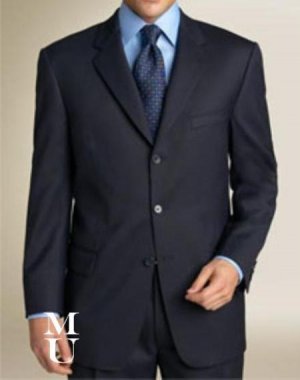 Navy Blue Suit features classic three button 1 sophisticated Wool