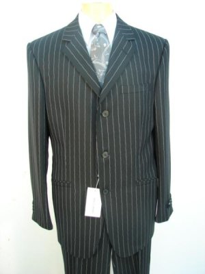 Stripe 3 Buttons Jet Black Chalk Pinstripe Super 120's Worsted Wool