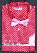 Cotton Double Button Cuff Dress Shirt, Bow Tie and Hanky -Polka Dot Fuchsia