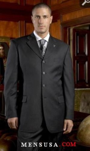 Mens Black Pinstripe 4 Buttons  Non Back Non Back Vent Coat Style Coat Suits Double Pleat