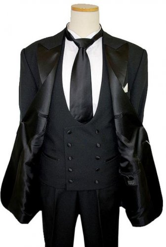 Tux-104 1 Button Peak Lapel Black Tuxedo Suit With Double Breasted Satin Vest