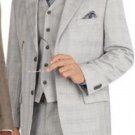 2 Button Vested Light Gray Windowpane Plaid Flat Front Pants Vented