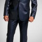 Shiny Sharkskin Single Breasted Mens Suit Side-Vented Navy Blue