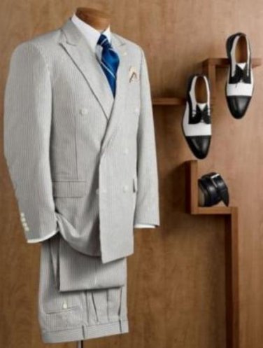Mens Double Breasted Blue Seersucker Suit (Jacket + Pants)