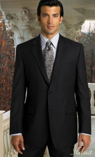 2Pc 2 Btn Pinstripe Black Suit Classic Relax Fit Pleated Pants 19 Inch Bottom