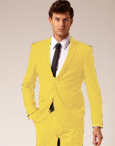 Mens 2 Button Style Wool & Cotton Suit Flat Front Pants Yellow