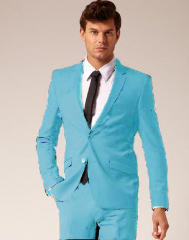 Mens 2 Button Style Wool & Cotton Suit Flat Front Pants Sky Blue