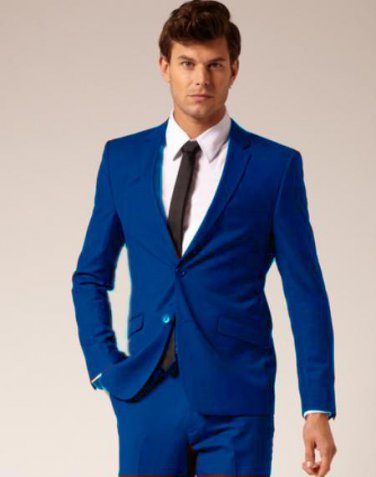 Mens 2 Button Style Wool & Cotton Suit Flat Front Pants Royal Blue