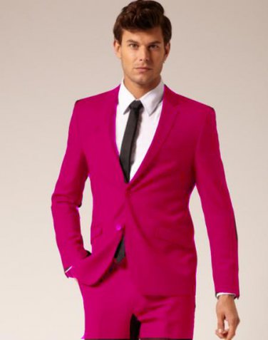 Mens 2 Button Style Wool & Cotton Suit Flat Front Pants Fuschia