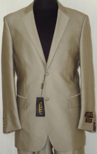 Mens Designer 2-Button Shiny Beige Sharkskin Suit