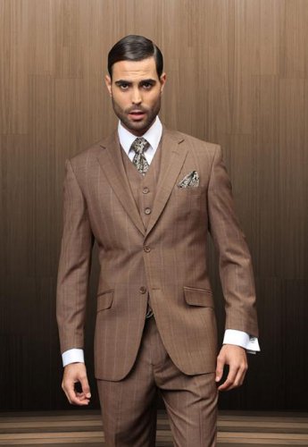 Mens 2 Button Vested Brown Windowpane Suit Comes With Shirt & Tie