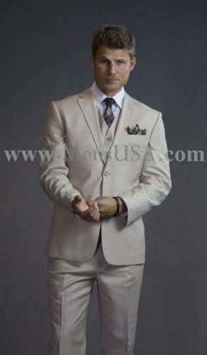 2 Button 3 Piece Beige Tone On Tone Slim Fit Suit