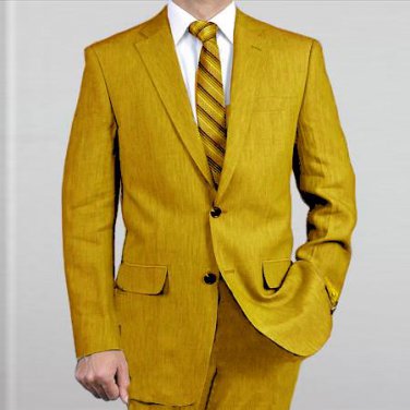 Elegant, Natural & Light Weight 2-Btn Notch Lapel Real Linen Suit Spring/Summer Gold