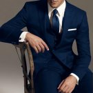 Reg:795 Two Button Vested 3Pc Wool Suit Peak Pointed English Style Lapel Navy