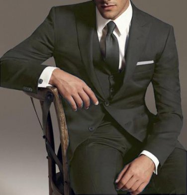 Reg: 795 2 Btn Vested 3Pc Wool Suit Peak Pointed English Style Lapel Charcoal