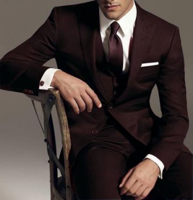 2 Button Vested 3Pc Wool Suit Peak Pointed English Style Lapel Brown
