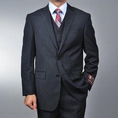 Men'S Black Pinstripe 2-Button Vested Suit
