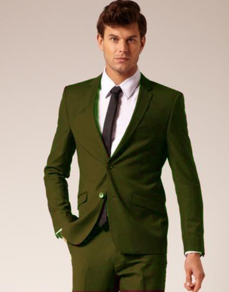 Mens 2 Button Style Wool & Cotton Suit Flat Front Pants Olive