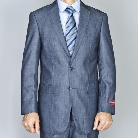 Men'S Denim Blue 2-Button Side Vented Jacket & Flat Front Pants Suit
