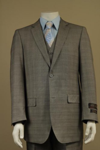 Men'S 2 Button Window Pane Plaid Patterned Vested 3Pc Suit Taupe
