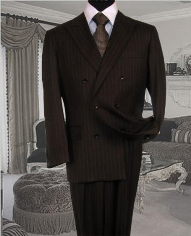 Brand New Chocolate Brown Pinstripe Double Breasted Super 120'S Wool Double Vented