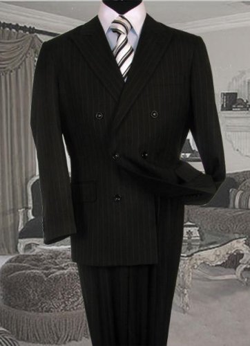 Mens Double Breasted Black With White Stripe Suit No Pleated Flat Front Pants
