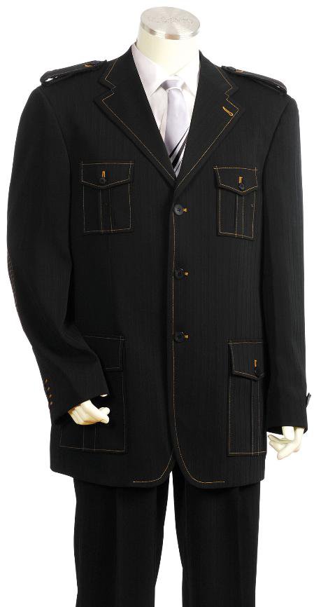 Men'S Exclusive 3 Button Black Safari Military Style Zoot Suit
