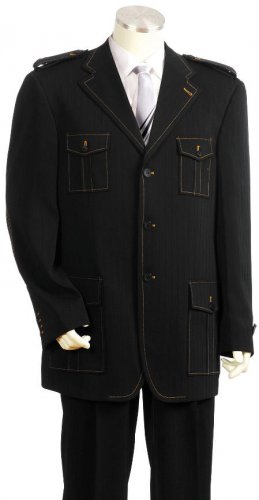 Men'S Exclusive 3 Button Black Safari Military Style Zoot Suit