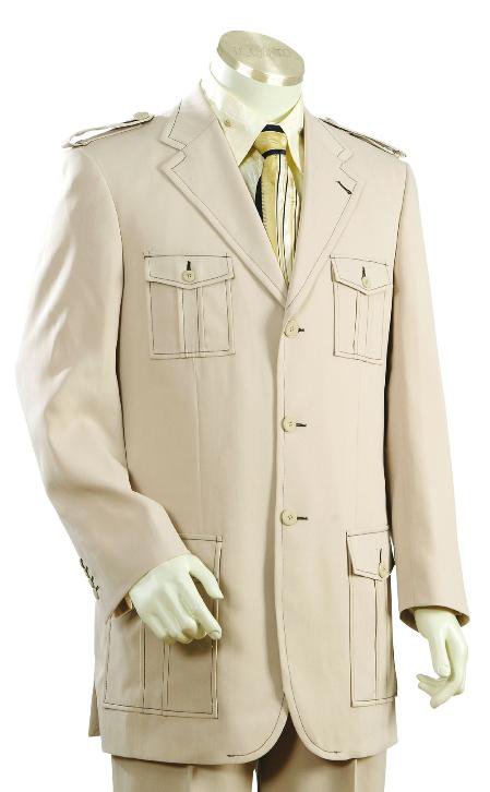 Mens Fashionable 3 Button Taupe Safari Long Sleeve ( Military Style ) Suit