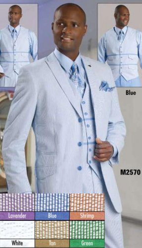 Mens 3 Button Seersucker Suit Blue