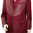 Men'S 3 Piece Fashion Trimmed Two Tone Blazer/Suit/Tuxedo - Fancy Pattern With Leather Trim Wine